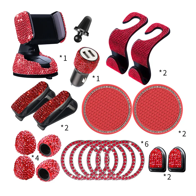 

20pcs/set Crystal Diamond Car Phone Holder Universal Bling Car Accessories for Women Auto Interior Hooks Sticker Pad Set Red