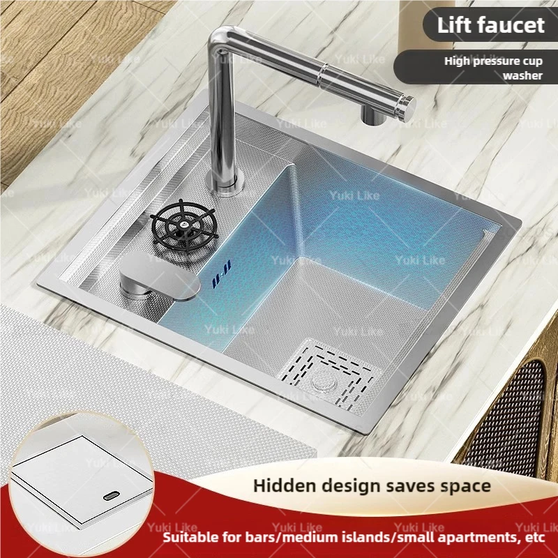 Hidden Bar Sink Cup Washer 304 Stainless Steel kitchen Sink Apartment Small Single Slot With Lid Garden Balcony