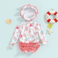 Cute Sweet Style Baby Girls Rash Guard Swimsuit Beach Wear Long Sleeve Floral Print Bathing Suit For Infant Swimwear with Hats 4