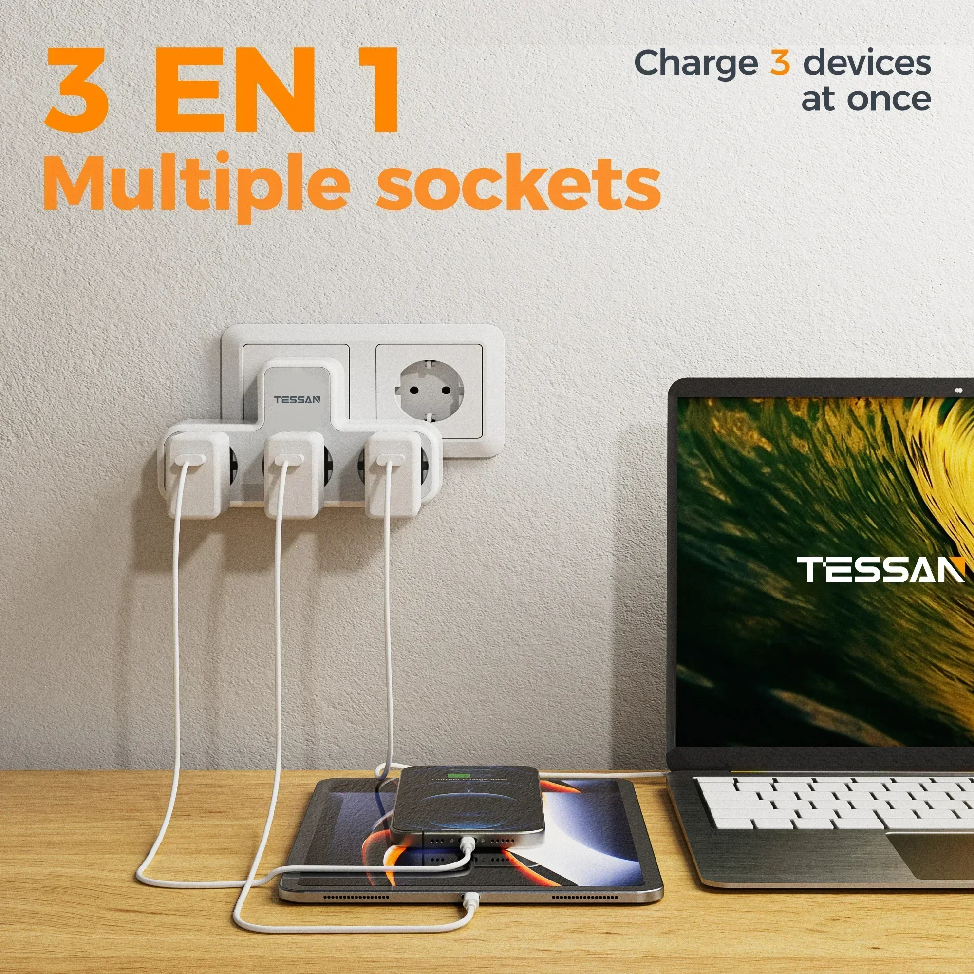 Multiple Wall Power Strip 3 AC Outlets Charging Ports EU Plug Overload Protection