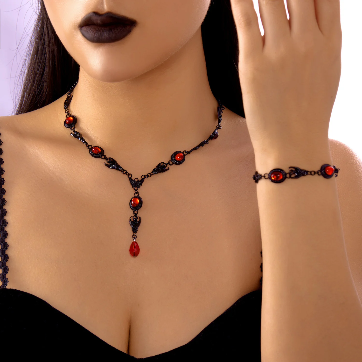 Vintage Y2K Rote Kristall Perle Quaste Anhänger Choker Halsketten für Frauen Handgemachte Schwarze Fledermaus Halsketten Party Schmuck Zubehör – Detail 5