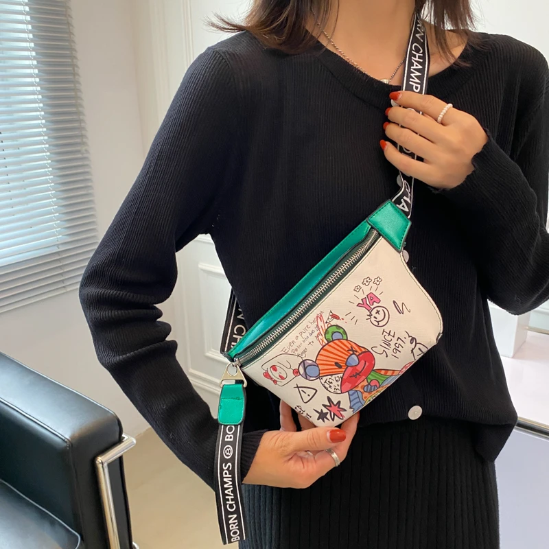 Cute Cartoon Doodle Bear Waist Bag Women Shoulder Crossbody Bags Lady Banana Chest Bag Casual Funny Bag Female Handbag and Purse