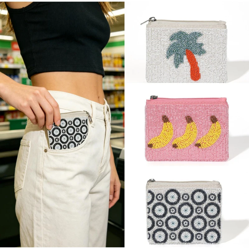 2026 Neue Böhmische Mini-Geldbörse mit Stickerei und Reisperlen, Bankett-Tasche mit Bananen- und Kokosnussbaum-Druck, Polyester-Clutch für Damen