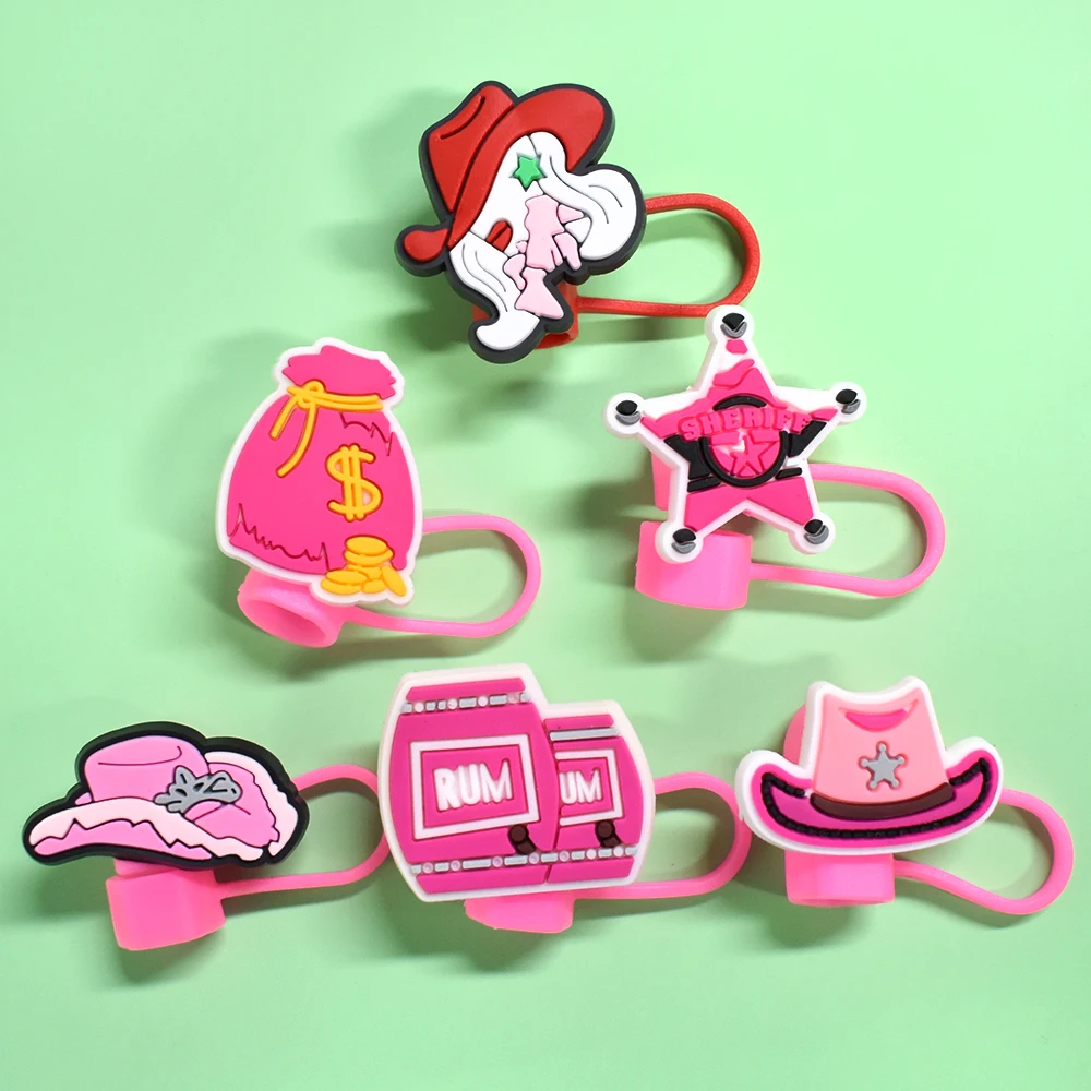 핑크 카우걸 데님 스타일 방진 빨대 토퍼, 시원한 모자 부츠, PVC 빨대 커버 팁, 8mm 빨대 음주 액세서리, 1 개