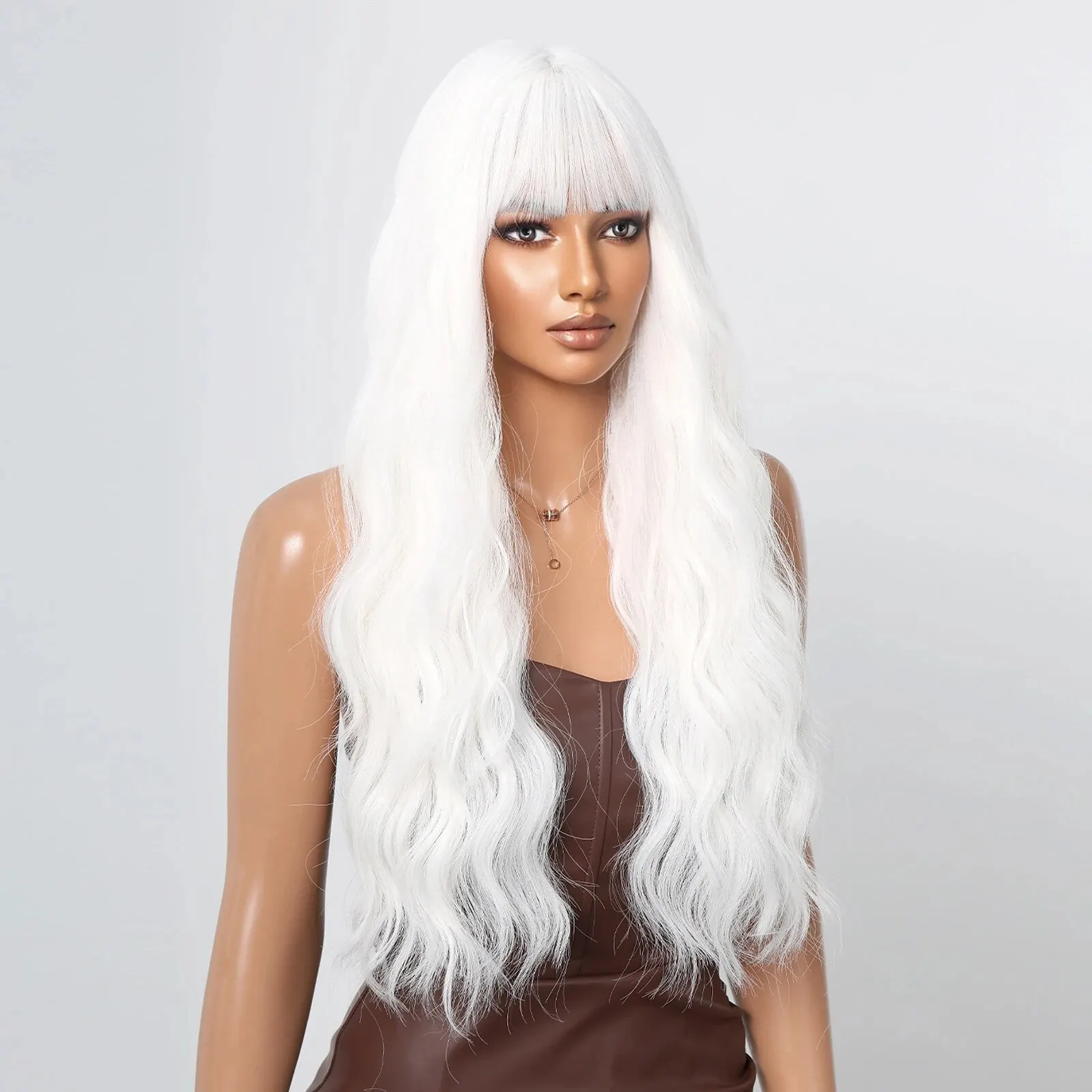 Blonde Synthetic Hair Wigs Long Curly White with Bangs for Black Women Water Wave Heat Resistant Fibre Natural Hair Wig