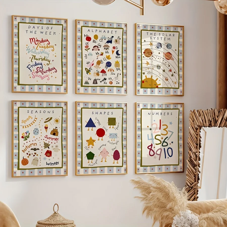 6PCS Sheets/set A Mix of Educational Printed Materials, Bohemian-style Playroom Wall Art, Frameless Letter Posters - 6