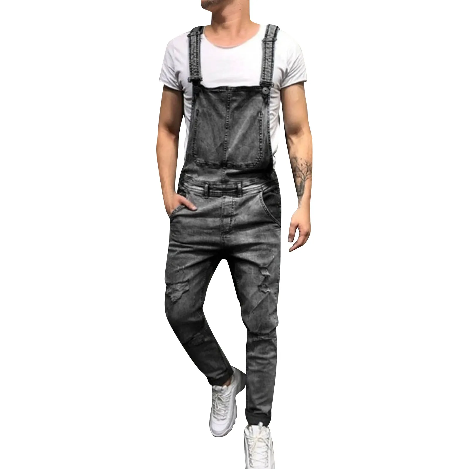 

Men Stylish Slim Biker Jeans Bib Overalls Jumpsuits Jeans Fashion Streetwear Casual Ripped Dungarees Retro Strap Jeans 2024 New