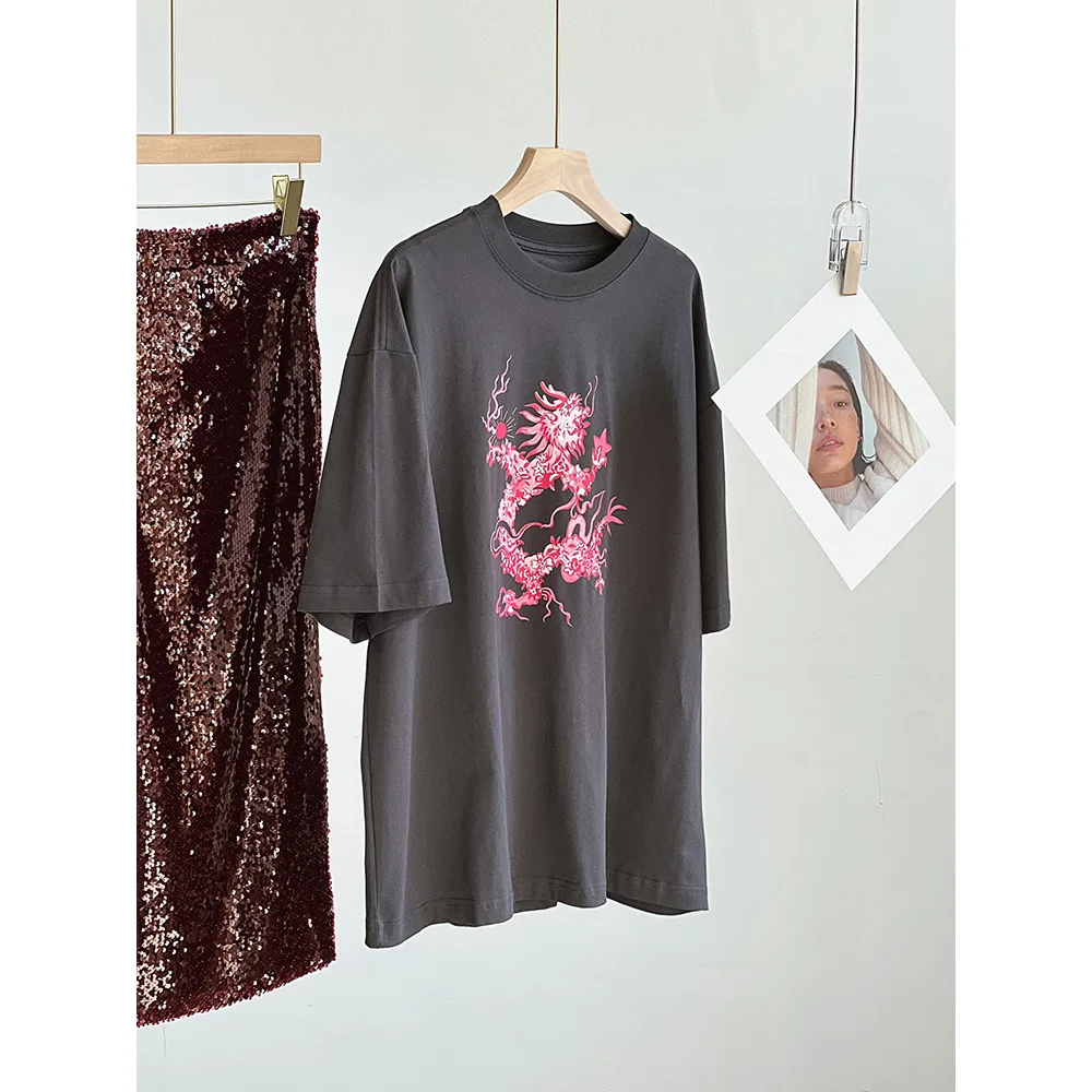 

2024 Spring Summer Embroidered Print Black Pink Knit Mid-Length Cotton Slouchy T-Shirt