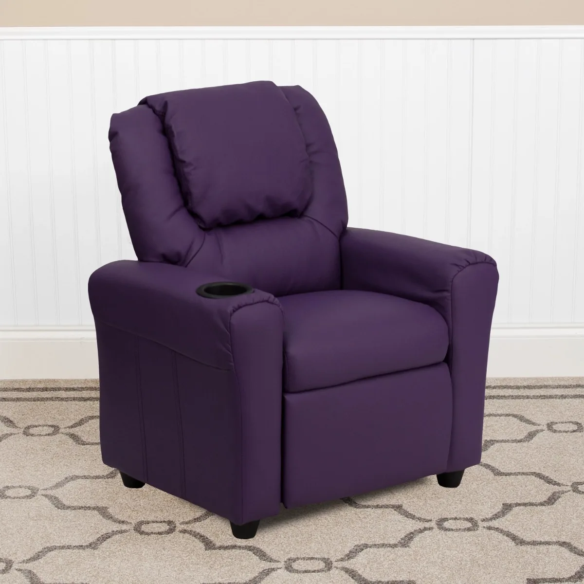 

Contemporary Purple Vinyl Kids Recliner with Cup Holder and Headrest