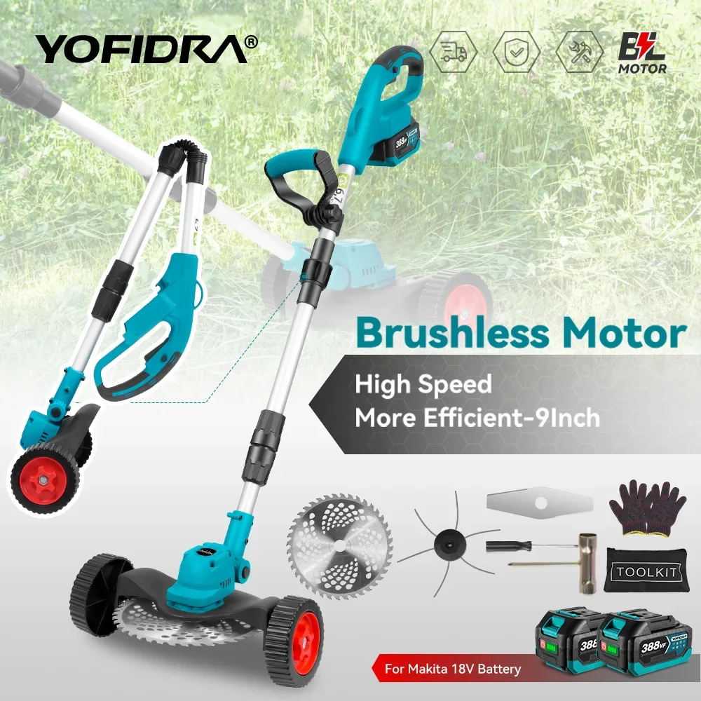 YOFIDRA Cortador de Grama Elétrico Brushless 9 Polegadas Sem Fio Aparador Jardim Grama Capinagem Ferramenta Elétrica Compatível com Bateria Makita 18V Pino