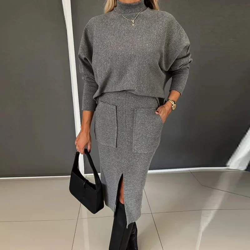 Elegant Women Knitted Skirt Two Piece Set Chic Commute Office Outfits Lady Solid Turtleneck Top And Slim Slit Pocket Skirt Suits