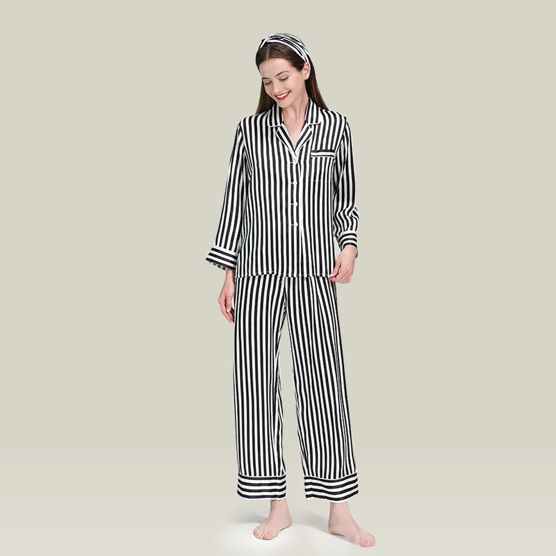 

Classic Striped Pure Silk Sleepwear Pajama Two Piece Set Ladies Thin Pyjamas Long Sleeve Sleepwear Women Home Clothes Nightwear