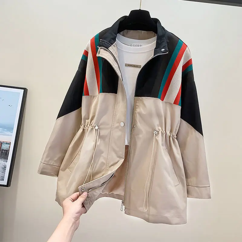 Mid-length Coat Women's 2022 Spring and Autumn New Korean Version Loose Waist Thin Stitching Design Sense Windbreaker Ins Tide