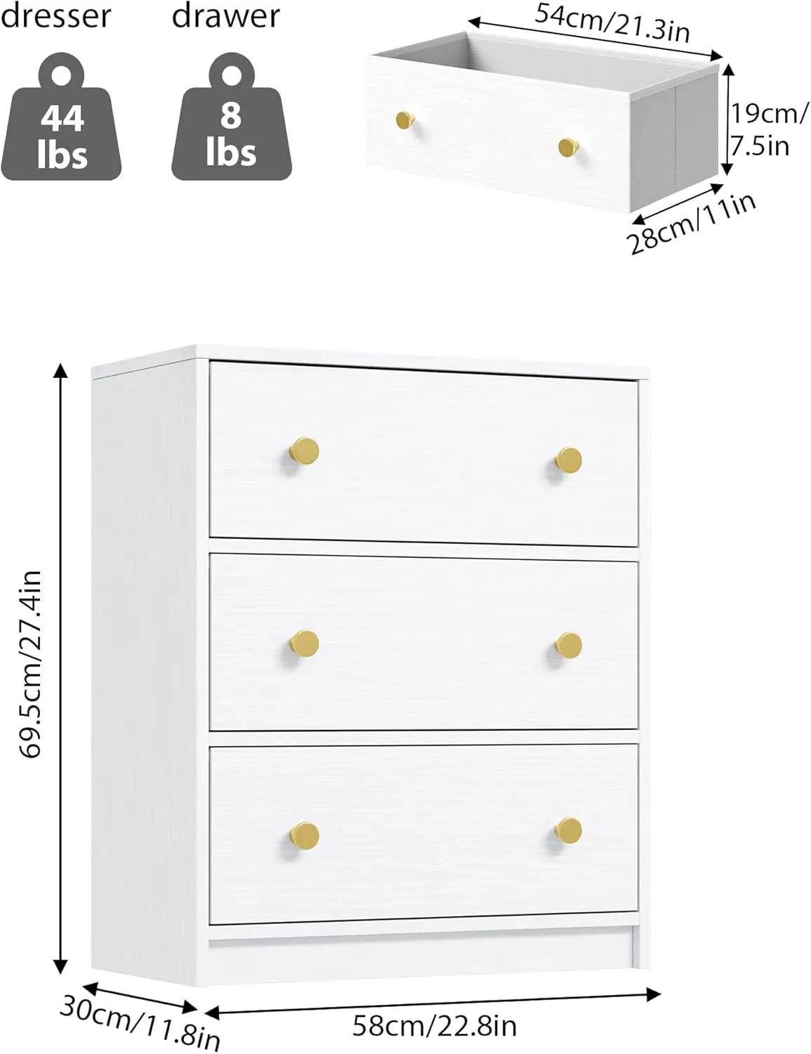 3 Drawer Dresser, White Nightstand for Bedroom with Fabric Drawers, Small Dresser Bedside Table Chest of Drawers for Be