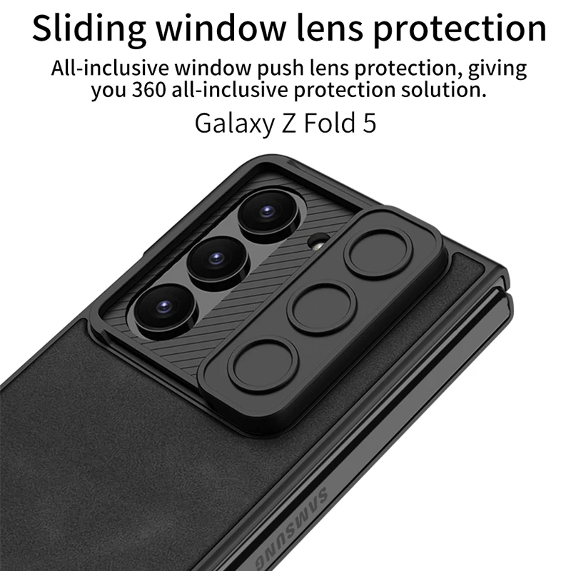 For Samsung Galaxy Z Fold 5 Case Ultra-thin Sliding Push Window Matte Plain Leather Cover With Tempered Glass for Z Fold5 GKK