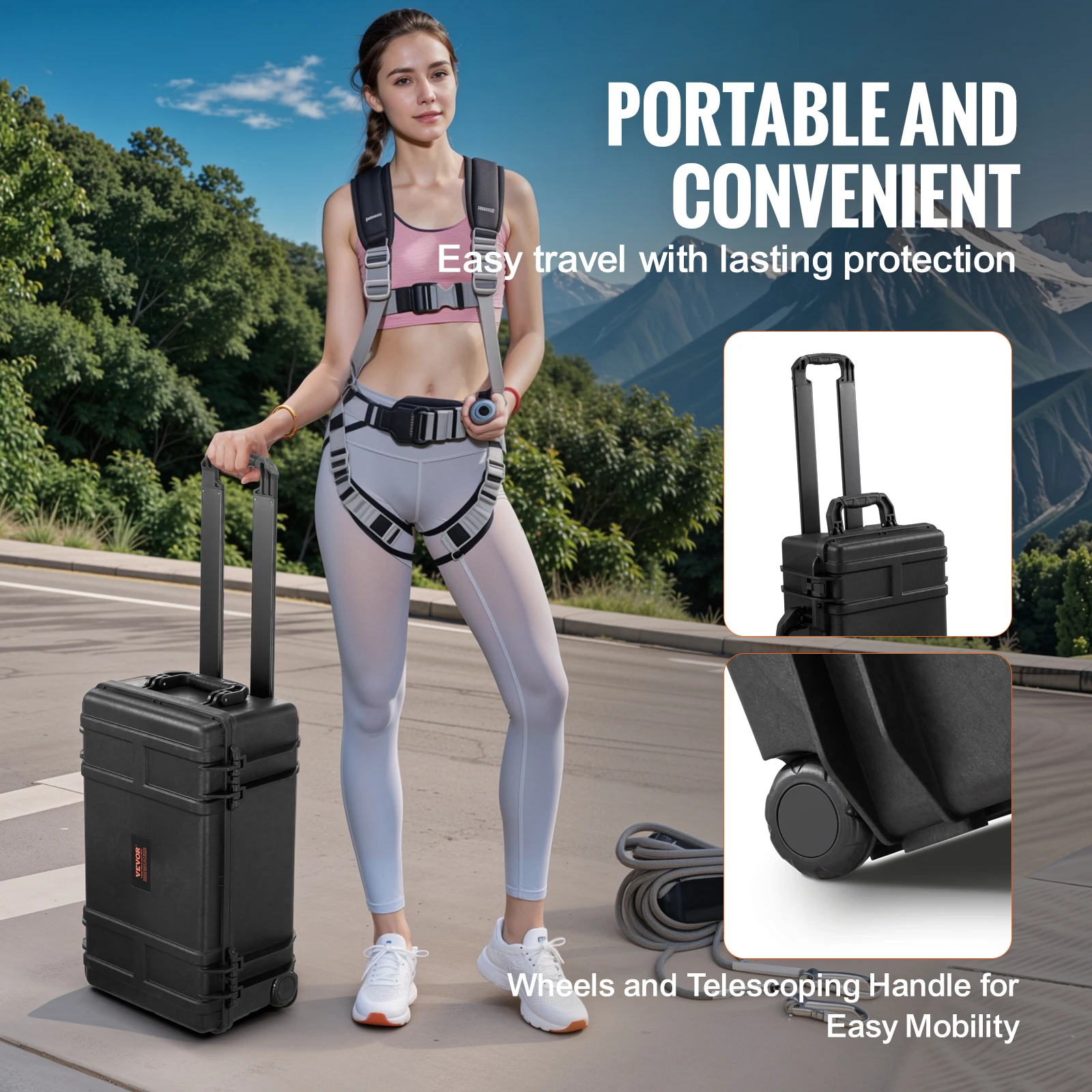 VEVOR Weatherproof Hard Case, Heavy Duty Protective Dry Box Case with Pre-cut Foam, Wheels & Retractable Pull Handles for Travel 6