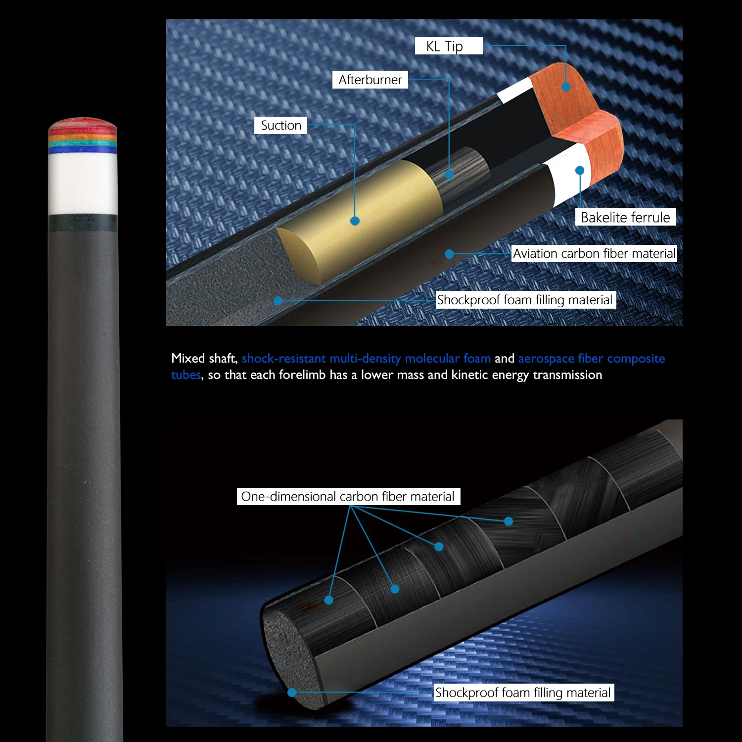 KONLLEN-Carbon Fiber Billiard Cue Stick Shaft, 3 Cushions, Carom/Libre Cue Stick, Uni-Loc, Radial, 3/8x8 Pin Joint, Single Shaft