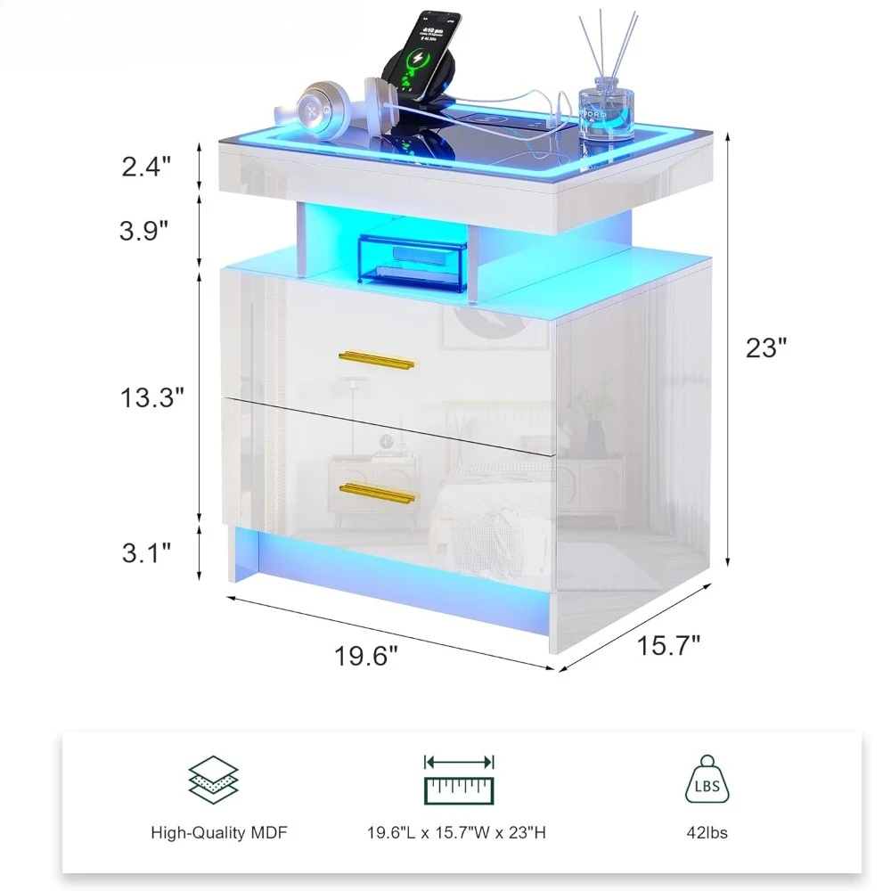 LED Nightstands 2 Storage Drawers Smart Night Stand Auto Sensor Lights Modern Bed Side Table Charging Station