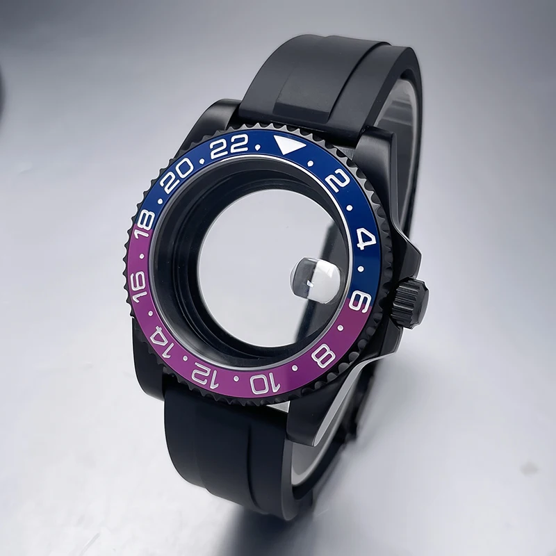 All-Black Sub Style Watch Case with Rubber Strap and Sapphire Crystal