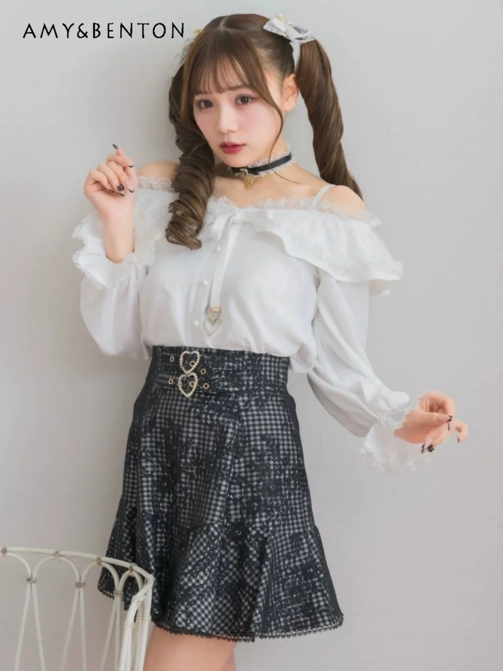 

Mine Series Mass-Produced Rojita Off-Shoulder Shirt Sweet Bow Lace Up Love Pendant Long Sleeve Blouse Women Japanese Lolita Tops