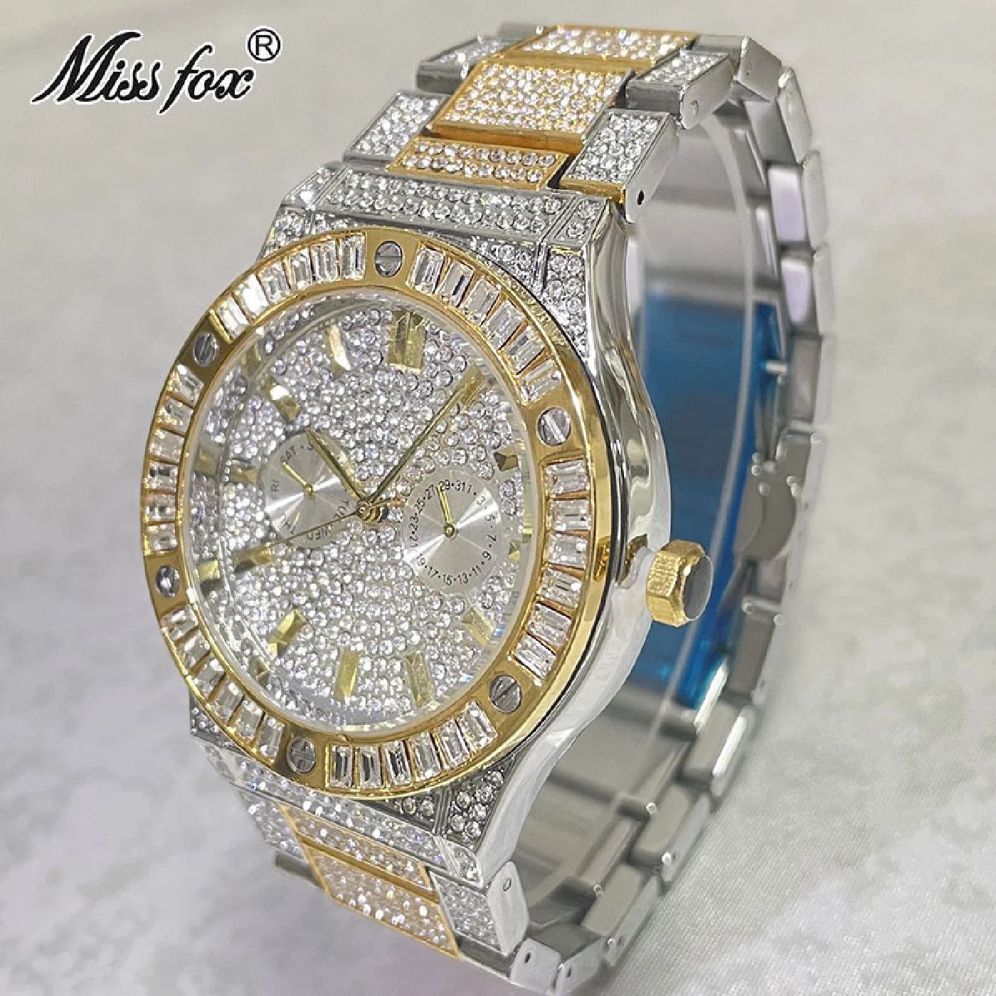 

Top Luxury Brand MISSFOX Gold Sliver Watches Men Fashion Iced Out Wrist Watch Diamond Automatic Date Clock Man Gift Reloj Hombre