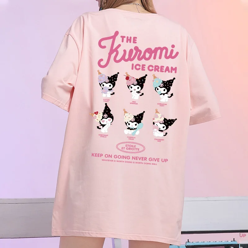 

Футболка Sanrio с рисунком аниме Kuromi, топ с рукавами-фонариками, свободная хлопковая одежда для девушек, милая парная футболка большого размера, игрушка в подарок