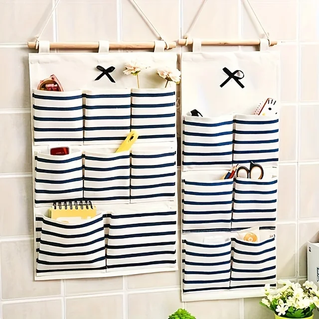 1Pc Linen Hanging Storage Bag Organizer with Multi Pockets, Wall Mounted Versatile Organizing Closet Storage Room Organizer
