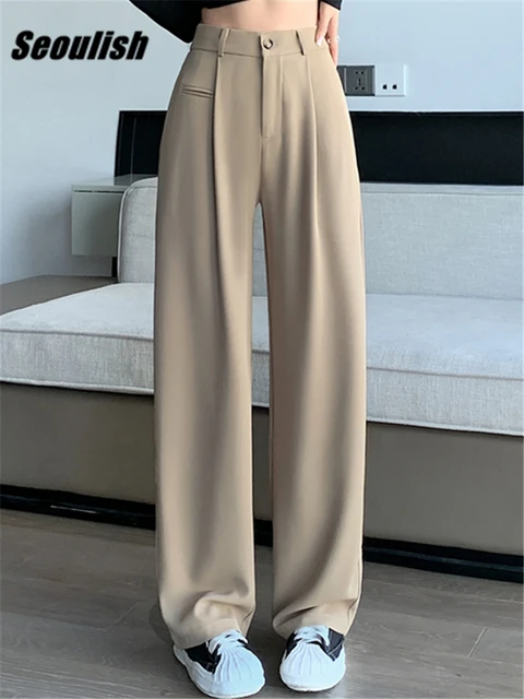 Seoulish Women's Suit Pants Summer Spring Elegant Elastic High Waist Solid  Casual Work Wide Leg Trouses Pants Female 2023 New - Pants & Capris -  AliExpress