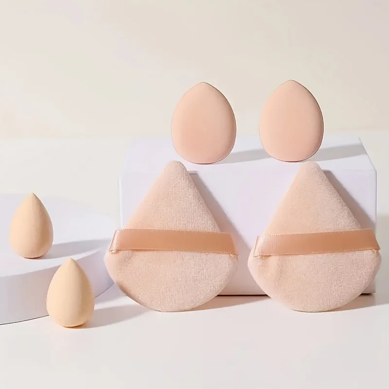 6Pcs Velour Makeup Sponge Set - 2 Mini Eggs + 2 Fan + 2 Finger Puffs, Hydrophilic Latex-Free for All Skin Types