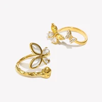 E.B.belle New Fashion Style Green Zircon Butterfly Open Ring Waterproof 18K Gold Plated 316L Stainless Steel Finger Jewelry