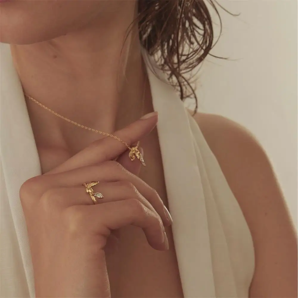 Dainty Bow Tie Pendant One Piece Neckalce Zircon Stainless Steel Bowknot Rings for Women Grils Minimalist Wedding Ring Jewelry