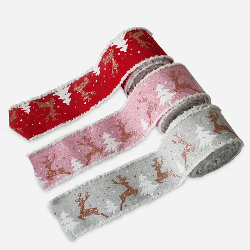 

Christmas Printed Ribbon Tricolor Elk Morning Ribbon DIY Wire Lace Linen Roll Gift Bag
