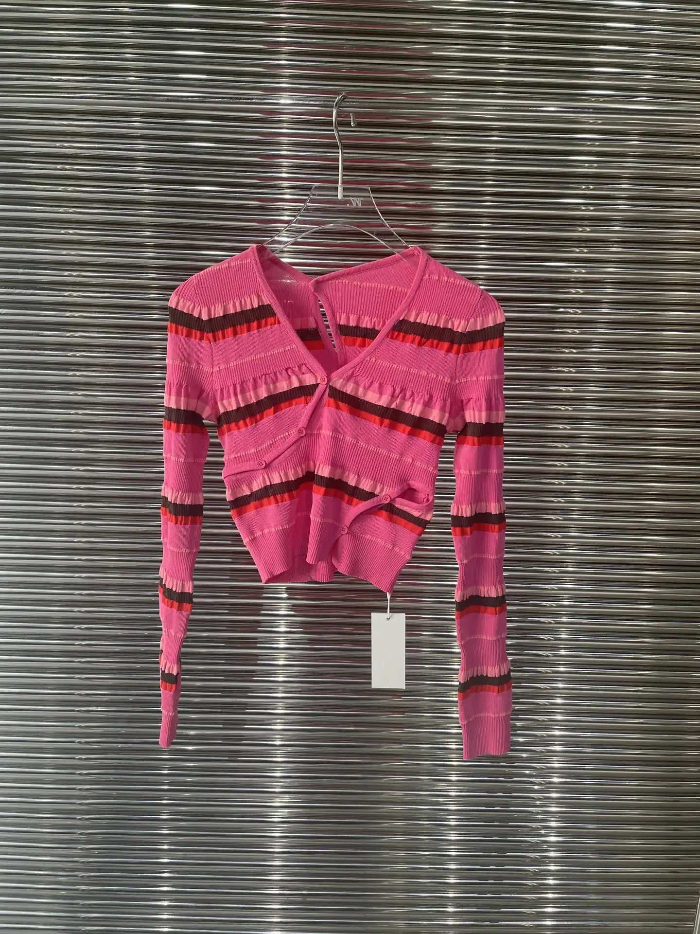 

2023New matching color stripes irregular short slim-fit sweater plus lace-up mid-length side slit cover hip knitted half skirt