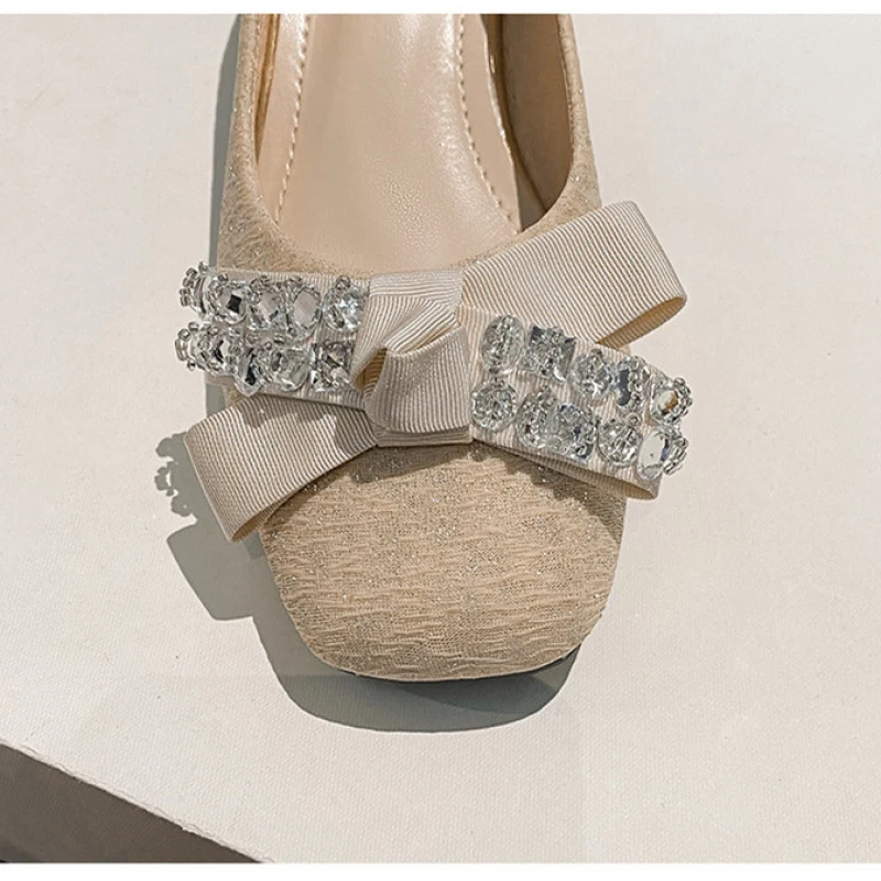 Plus Size 35-43 Women Pumps Med Heel Square Toe Office Lady Shoes Bling Diamonds Bowknot Wedding Bridesmaid Party Shoes 55-3