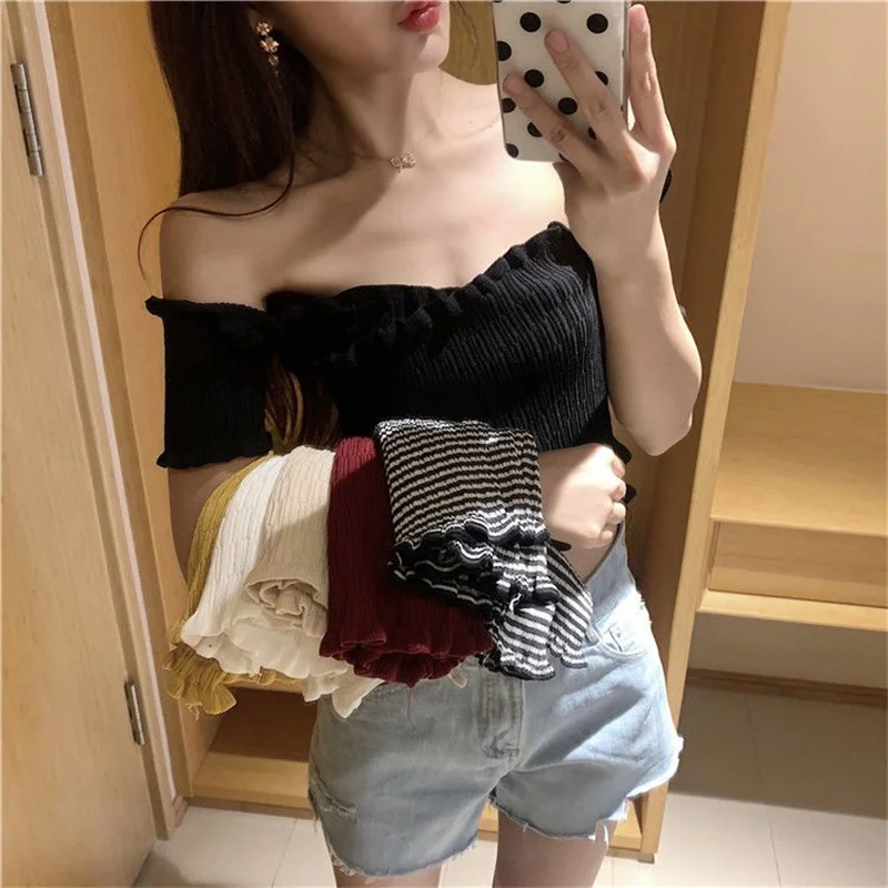 Sexy T-Shirts Off The Shoulder Top Cute Pink Women Slash Neck Kawaii Crop Top Baby Tees Y2k Summer Clothes Korean Sweet Emo Tops