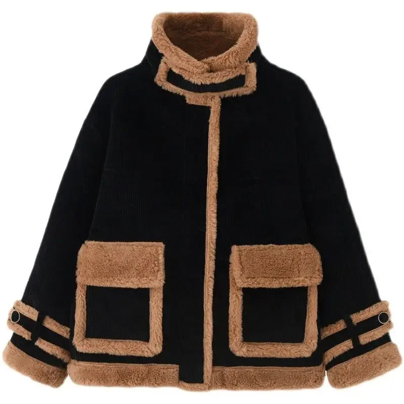 Oversized Women's Standing Collar Lamb Wool Jacket Winter Motorcycle Jacket Thickened Corduroy Cotton Jacket Cotton Jacket kevin costner let him go brown corduroy lamb fur collar jacket yutu