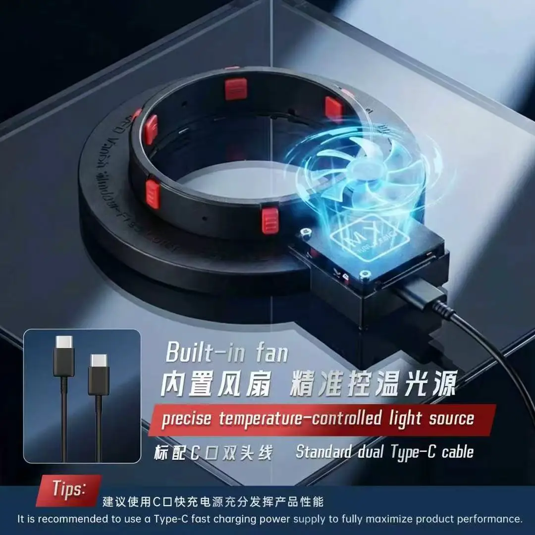 YCS MY MY-F01 UFO 무영 현미경 링 라이트 280 LED 1500lm 내장 냉각 팬 타입-C 전원 공급 PCB 납땜 수리용