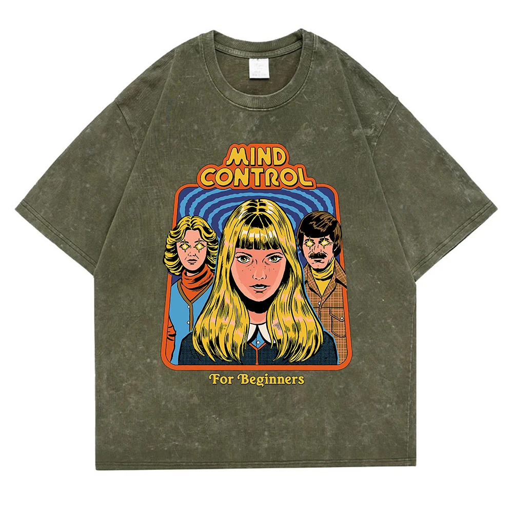 Mind Control For Beginners Washed Retro Men T Shirt Casual Oversize T-Shirt High Quality Cotton T-Shirt Summer Short Sleeve