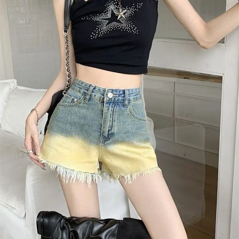 Denim Shorts Gradient High Waist 2024 New Summer Slim Hot Girl Versatile A-Line Summer Outer Wear Hot Pants Denim Shorts Ins