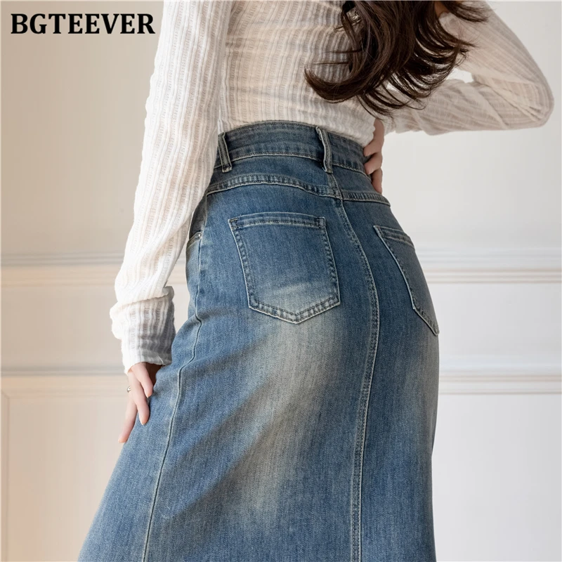 BGTEEVER Chic Stylish Women Long Skinny Mermaid Denim Skirts Summer Fashion High Waists Button Female Package Hip Jeans Skirts