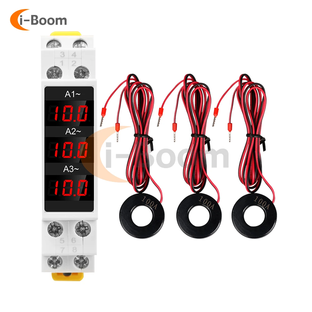 

1~100A 3 Way 3 Phase AC Ammeter AC110V 220V Current Monitoring Instrument LED Digital Display DIN-Rail Ammeter