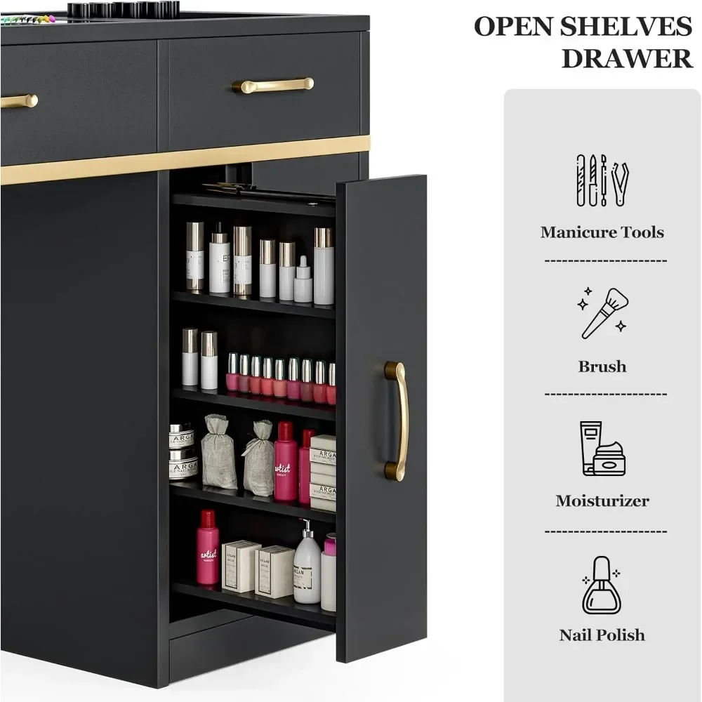Manicure Table Nail Station for Nail Tech, Glass Top Nail Table Acetone Resistant w/Dust Collector, 7 Drawers & 3-Tier Shelves