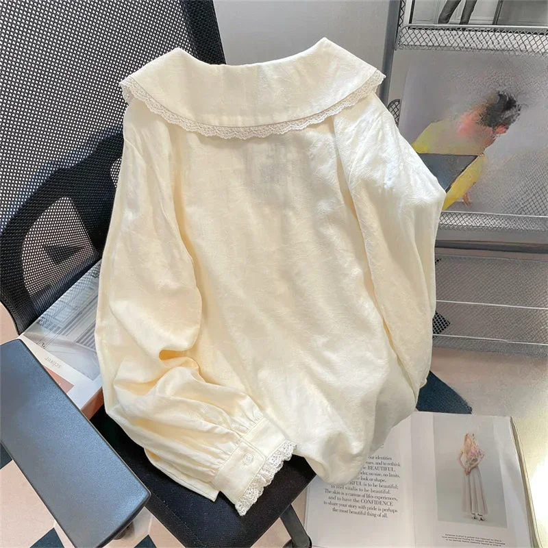 2024 Japanese Kawaii Women's Blouse Lace Oversized Shirt Long Sleeve Tops Female Korean Fashion Fairycore Chic Spring Aesthetic