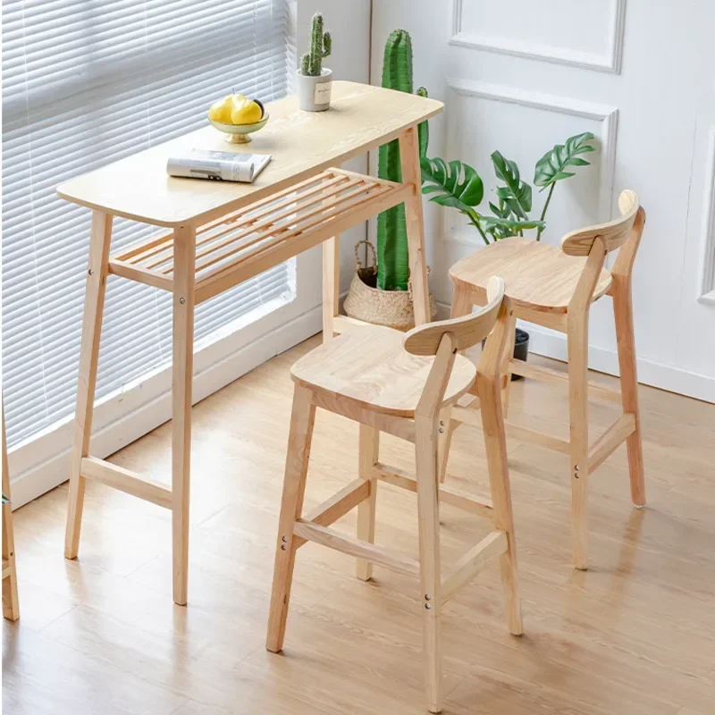 Solid Wood Backrest Bar Chair Checkout Counter High Stool Modern Milk Tea Shop Back Chair Nordic Retro Bar Furniture