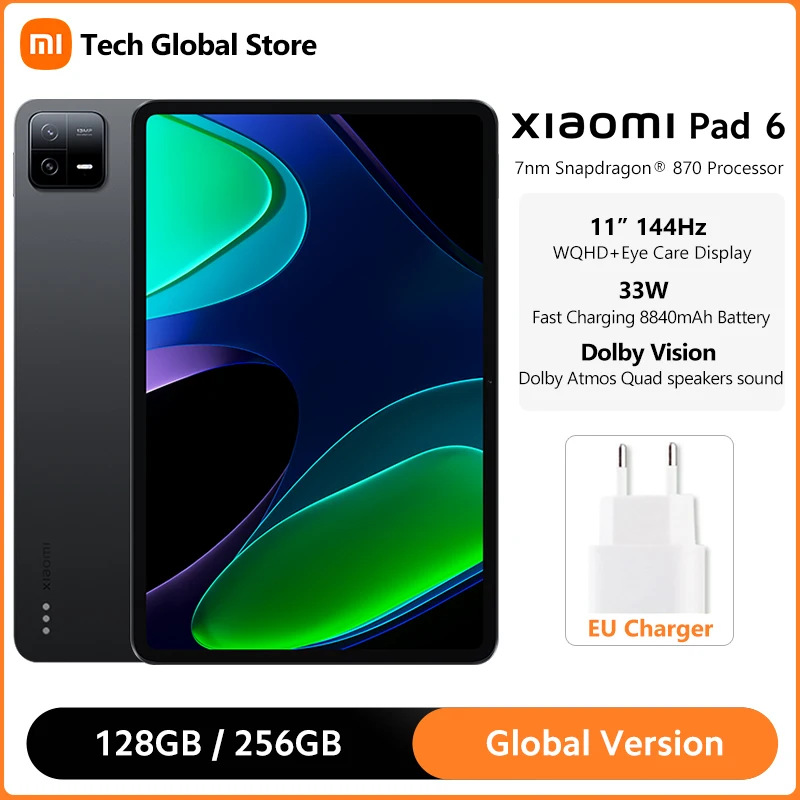 

Global Version Xiaomi Pad 6 128GB/256GB Snapdragon 870 Processor 11" 144Hz 2.8K WQHD+ Display 33W Fast Charging 8840mAh Battery