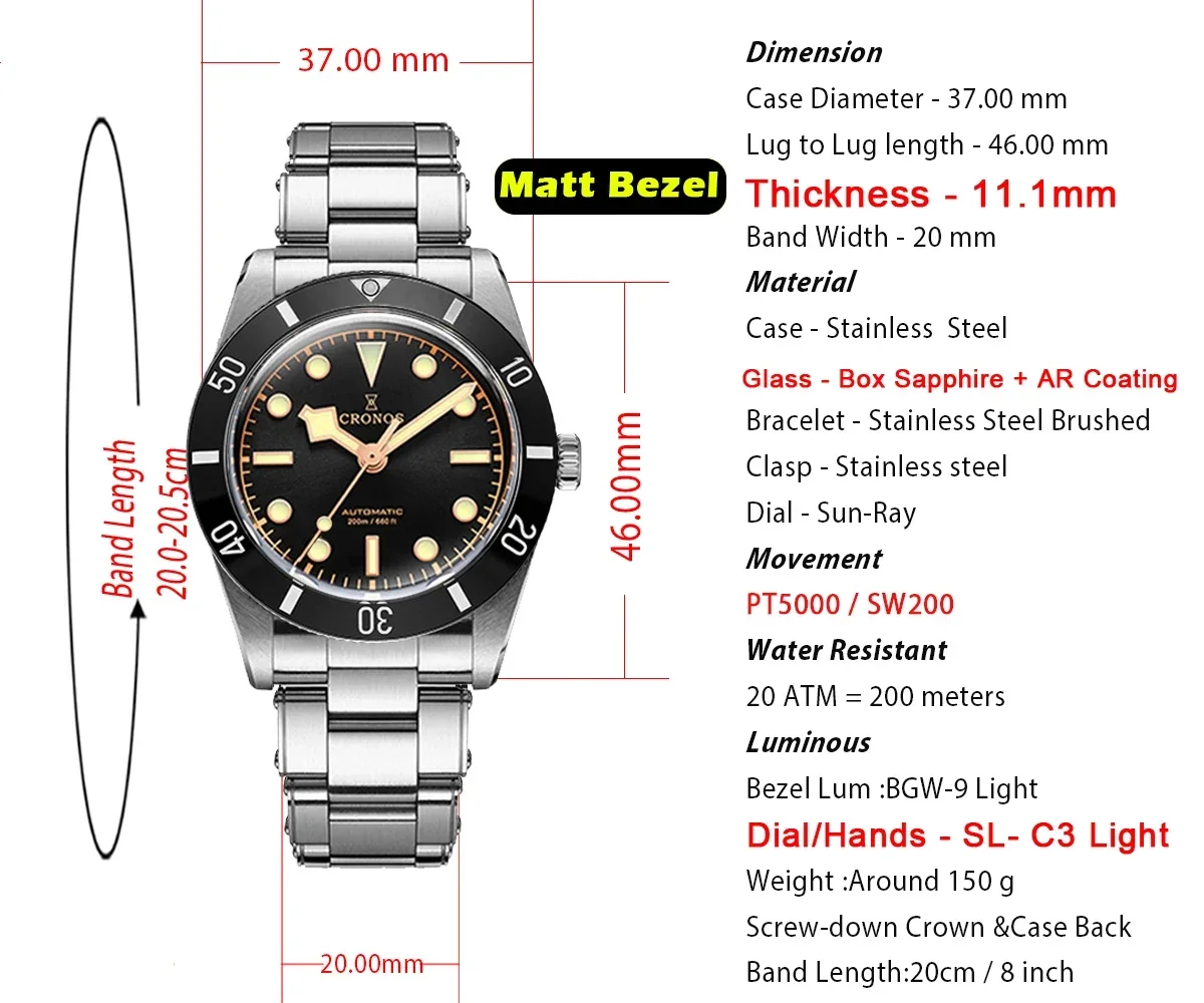 Cronos Luxury Men's Watches 37mm Diver BB54 Vintage
