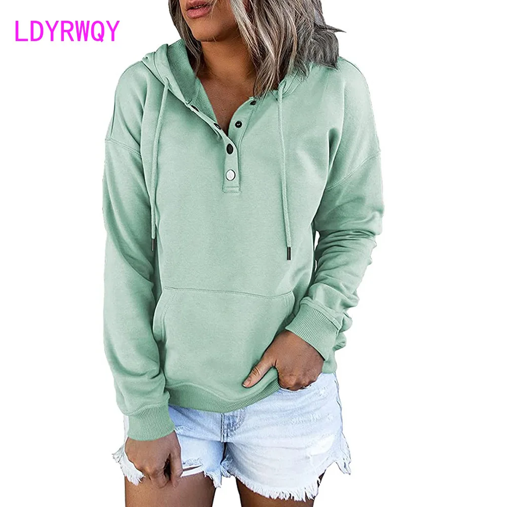 European and American women's long sleeved loose casual hooded drawstring pocket sweater