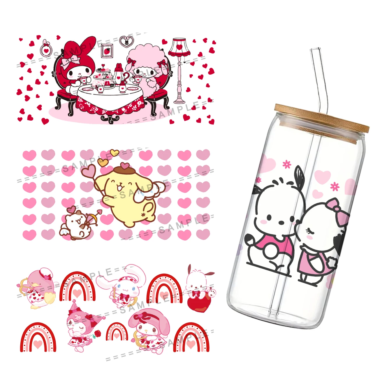 

Valentine's Day Sanrio Cinnamoroll My Melody Theme For Libbey 16oz Can Glass Anime UV DTF Coffee Can Wrap Libbey Glass Wrap