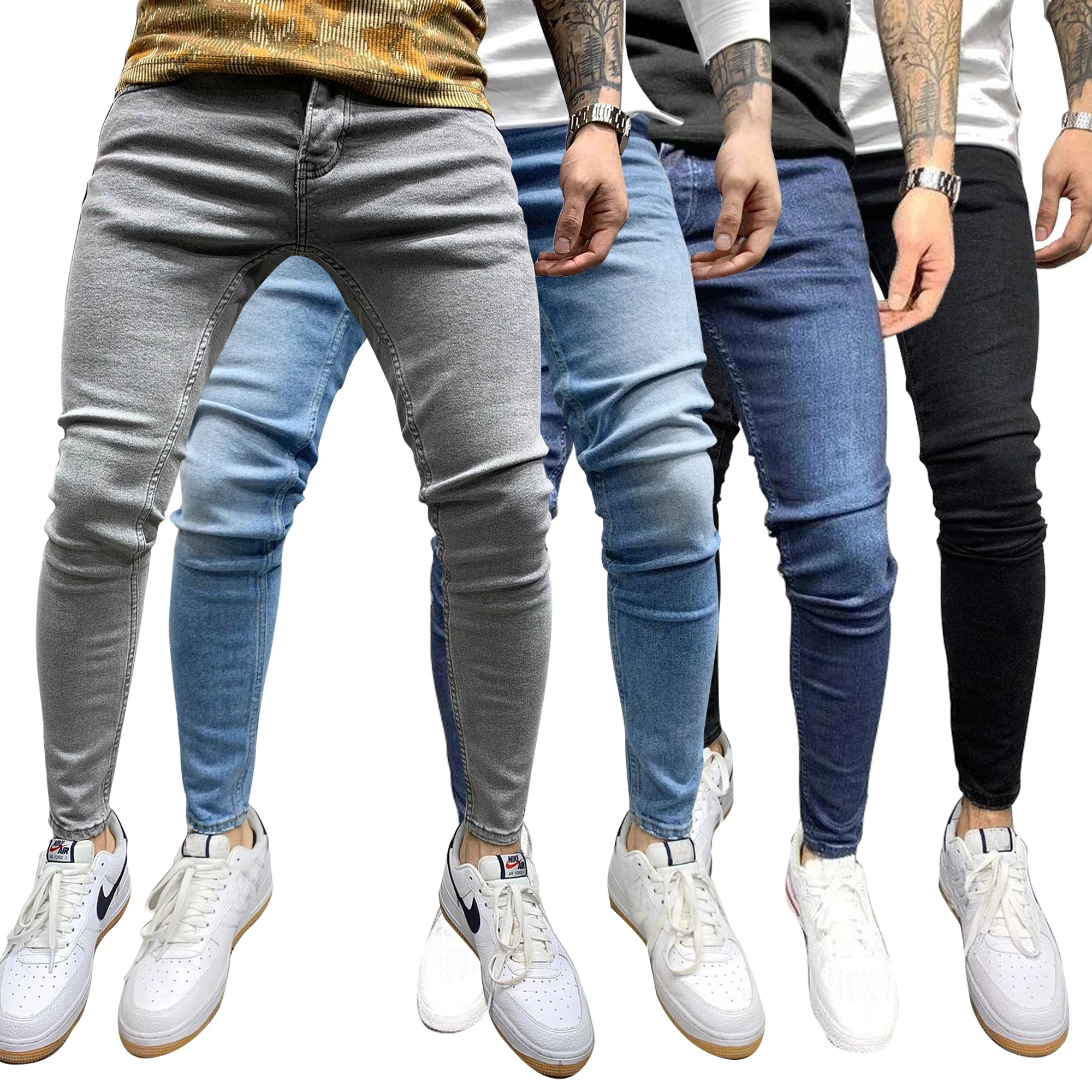 Skinny Mens Pants Pure Color Stretch Jeans Casual Slim Fit Work Trousers Male Vintage Wash Plus Size Pencil Pants Jeans for Men 2020 dress pants men casual suit pants male straight fit business work office formal pants big size classic men s trousers male