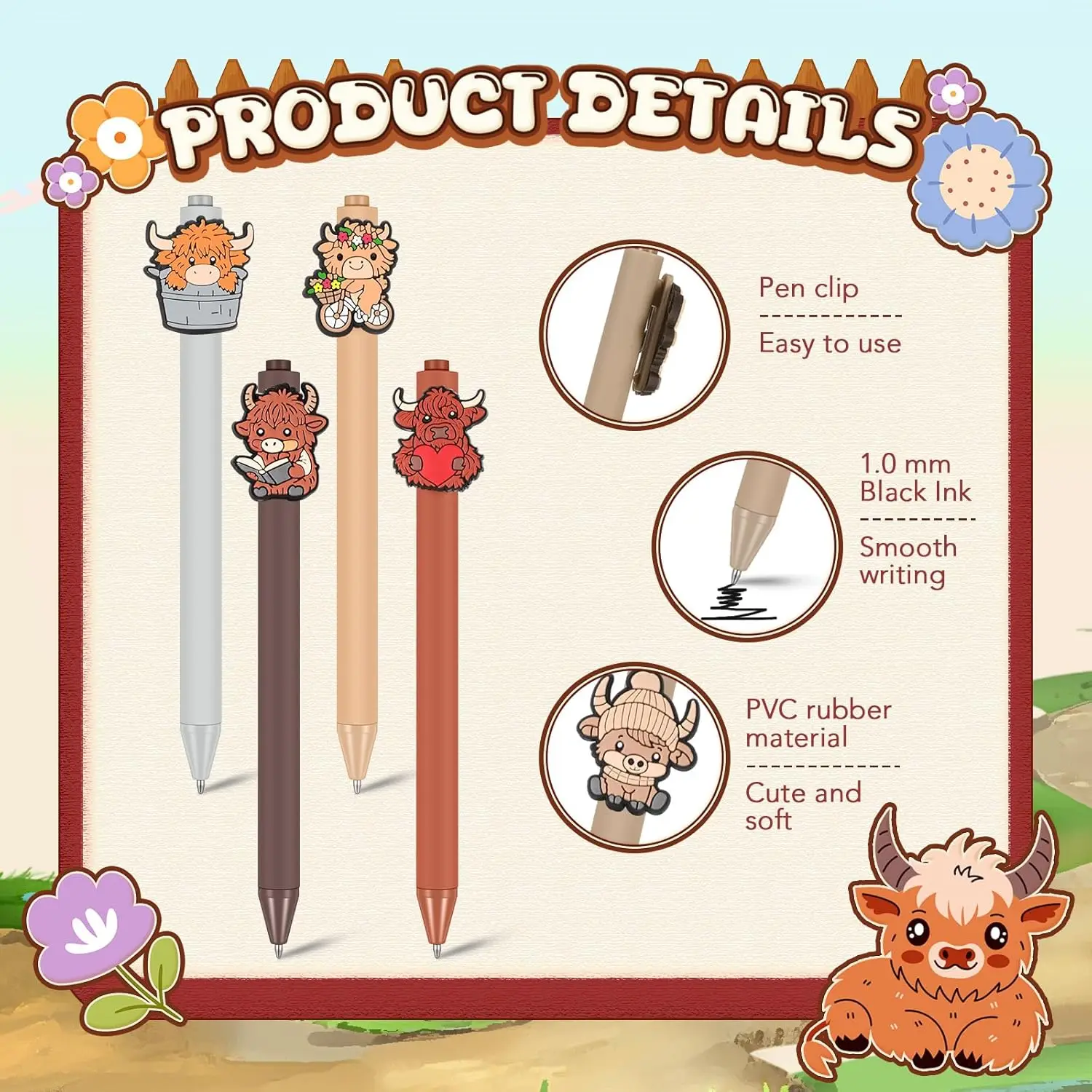 Cute Highland Cow Printed Pens Highland Cow Pen Set School Home Office Stationery Valentine Gift Accessories 10 Pcs